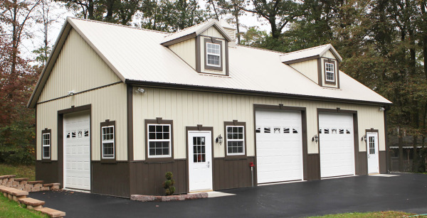 custom garage with brown and tan metal