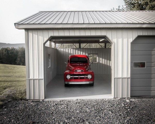 custom garage with red truck